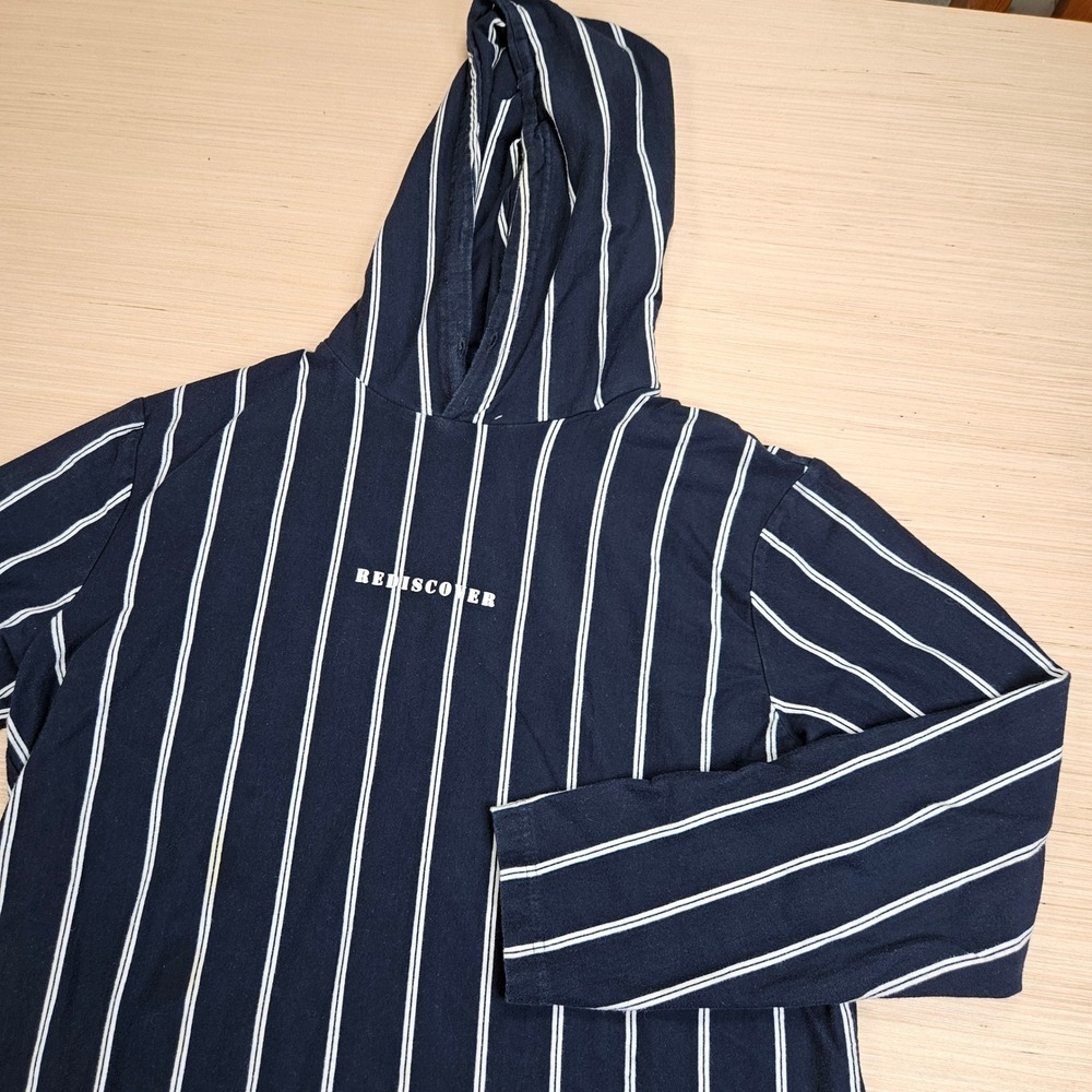 Denim & Flower‎ Rediscover Hoodie Mens XL Navy Blue Vertical Stripe Graphic